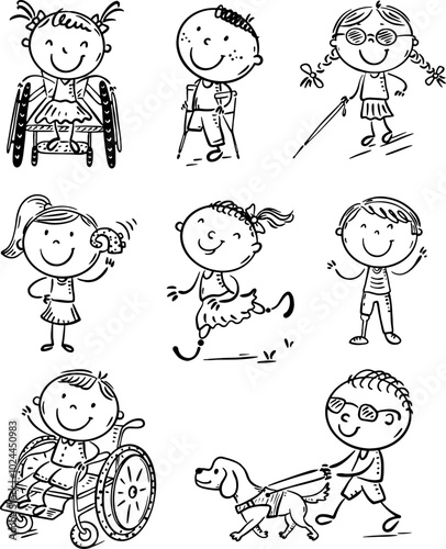 Happy disabled kids with special needs, disability children. Girls and boys with deafness, blindness, amputated limbs. Black and white cartoon vector illustration set