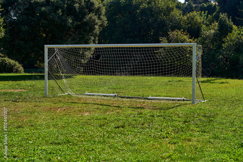 soccer goal with net on grass field with trees background photo