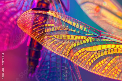 A colorful wing of a butterfly with a rainbow pattern, generative ai image