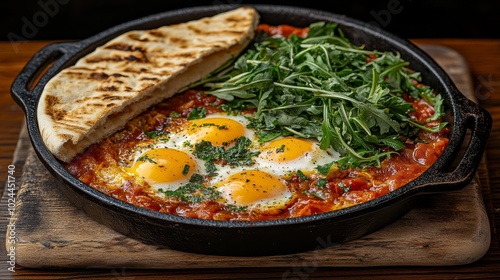 Huevos fritos en salsa de tomate con hojas de rúcula y pan, servidos en una sartén de hierro en un restaurante.