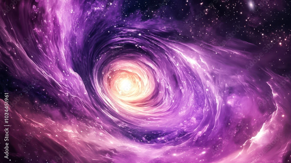 A vibrant swirl of cosmic energy with a central glowing light source, surrounded by a swirling
