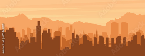 Brown panoramic poster of the city skyline with misty background buildings, sunrise, clouds and mountains of MUMBAI, INDIA