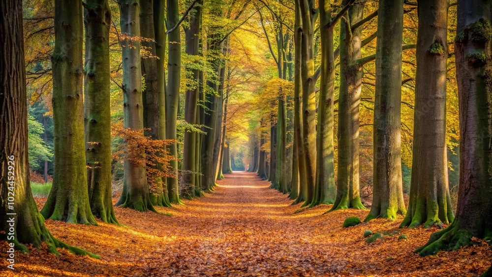 Lush macro forest path with fallen leaves