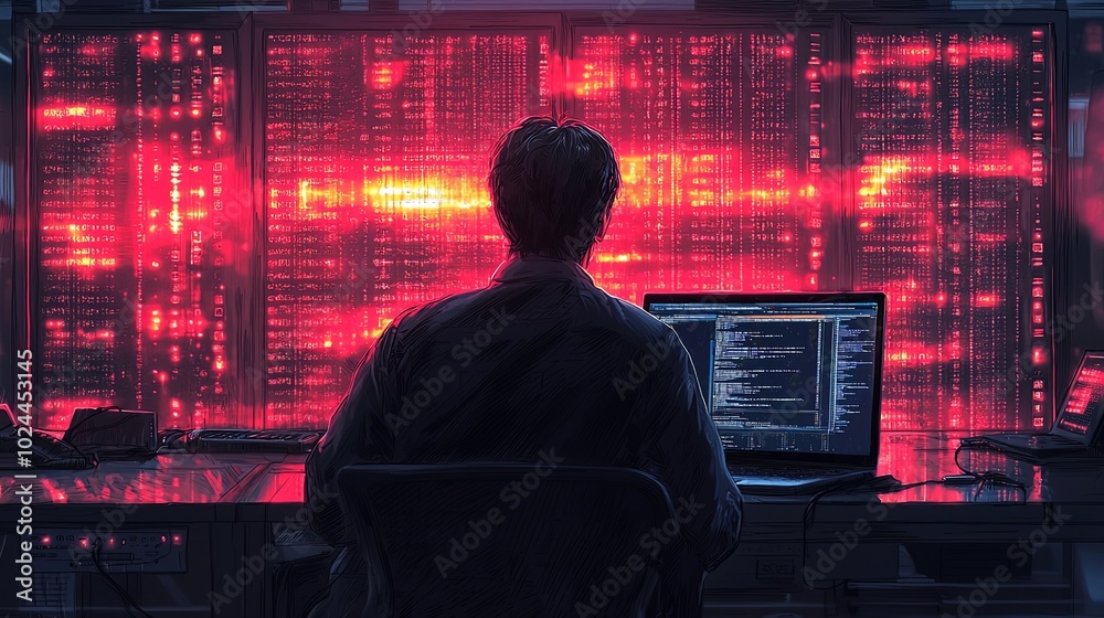 Back view of male IT specialist analyzing data on laptop in dim room