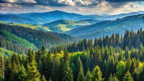 Lush pine tree forests covering Ukrainian Carpathian hills