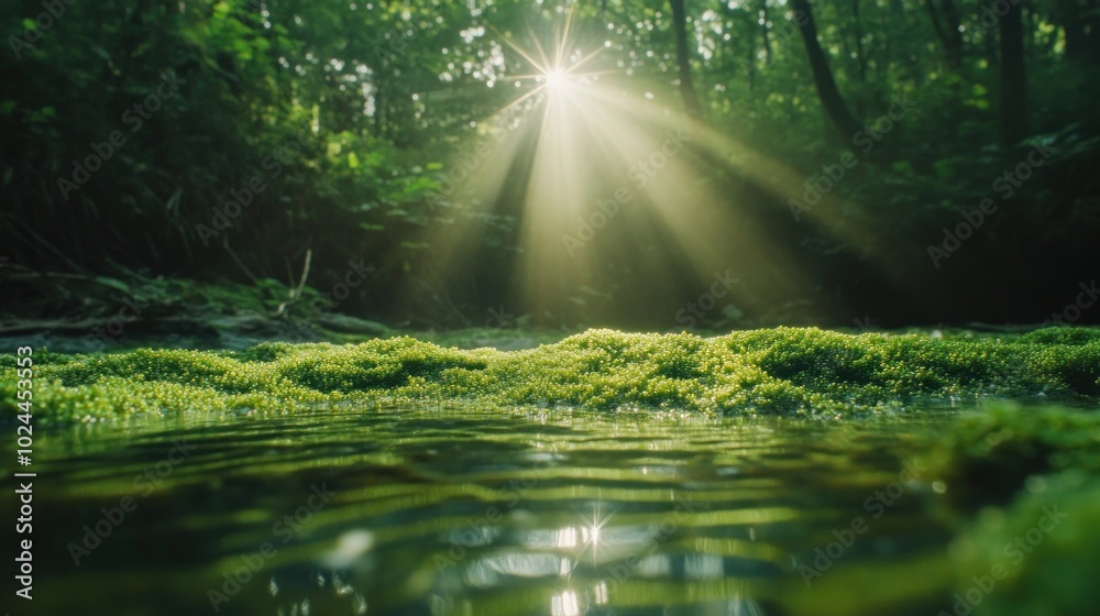 Sunlight streams through the trees, illuminating a lush green