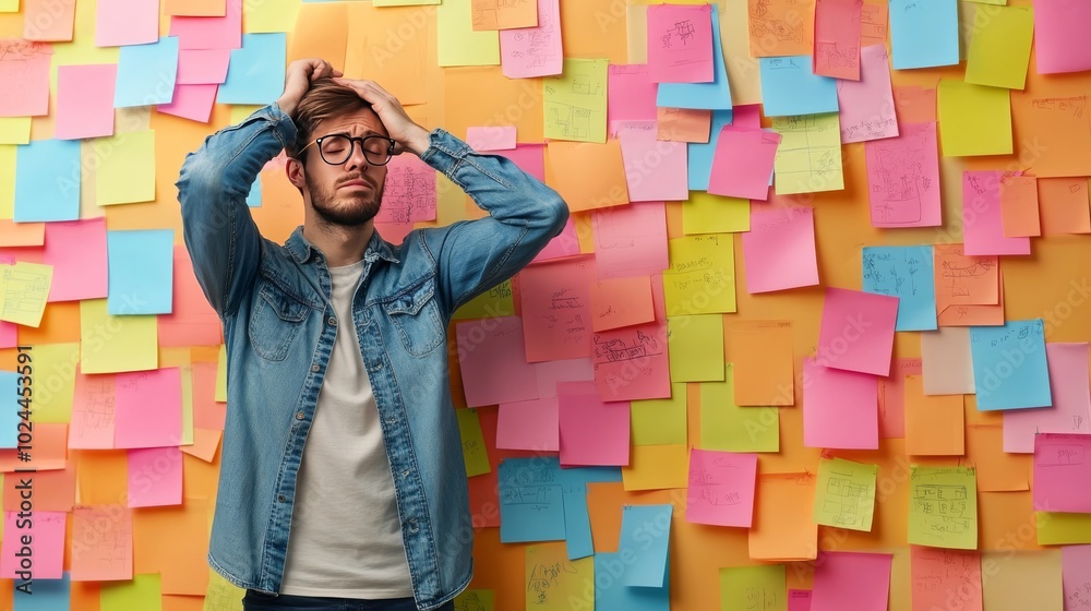 Obraz premium Tired man on sticky notes wall, head in hand.
