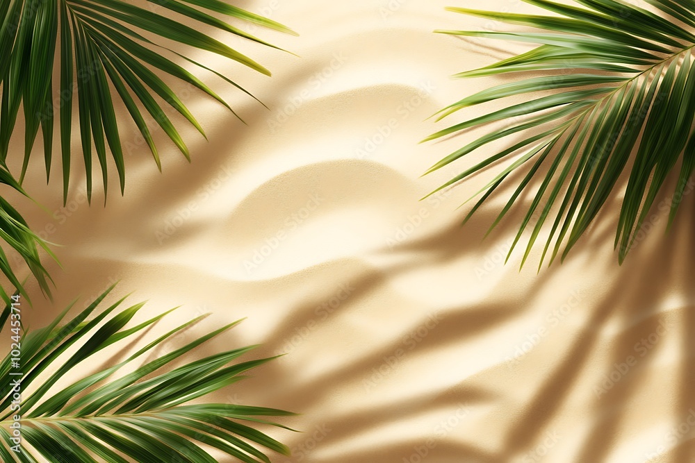 Fototapeta premium Sand and shadow on the beach from palm leaves. Beige static texture. Template for travel and package design. 