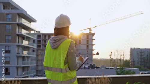 Construction female engineer taking notes and writing on clipboard while inspecting a building site at sunset. Industry development concept