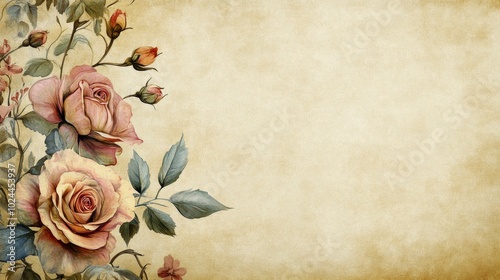 A vintage floral design featuring roses on a textured background, ideal for invitations or stationery.