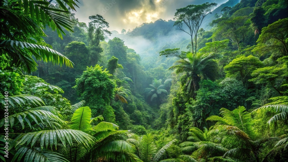 Lush rainforest with vibrant green vegetation and trees at a tilted angle