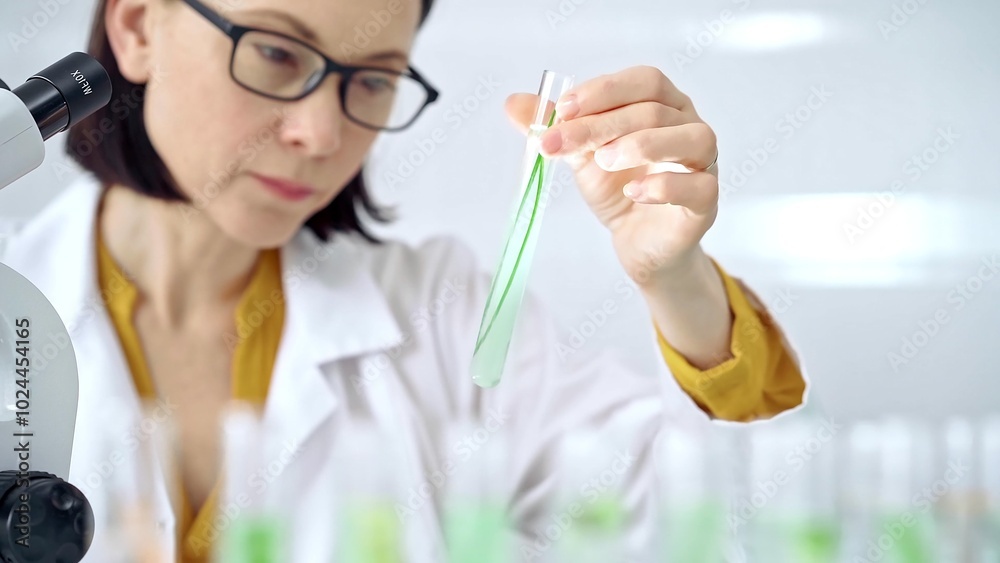 Scientist examining lab tube with a green fluid. Microbiology and science concept Scientist examining lab tube with a green fluid. Microbiology and science concept