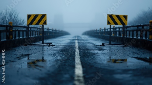 Foggy deserted road with warning barriers photo