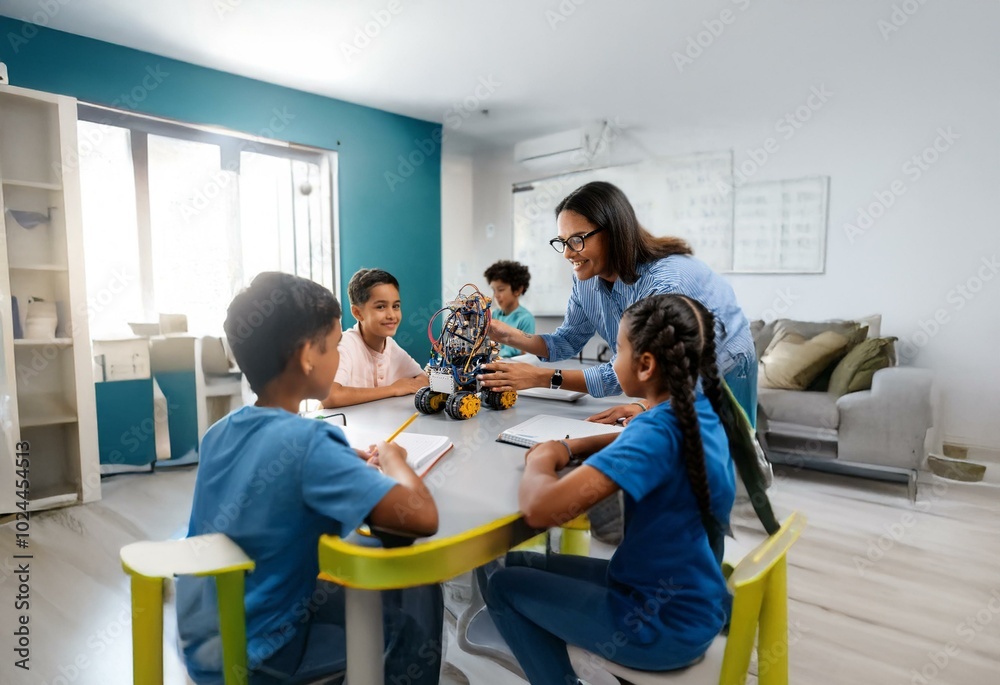 Teacher and students are working on a project with a robot in a ...