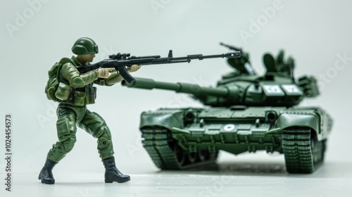 Full body green toy soldier aiming rifle and big tank toy on white background. telephoto lens realistic studio lighting.