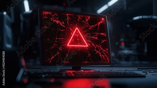 Glitching computer screen with a red triangular warning symbol