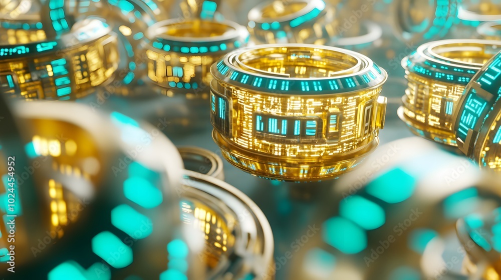 A collection of intricate, glowing rings featuring golden accents and vibrant blue details, placed closely together, showcasing a futuristic design. A collection of intricate, glowing rings featuring golden accents and vibrant blue details, placed closely together, showcasing a futuristic design.