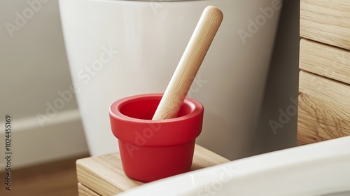 Essential bathroom accessory. Ideal for cleaning toilets. Features a wooden handle for a comfortable grip. The red rubber cup forms a tight seal for effective plunging action photo