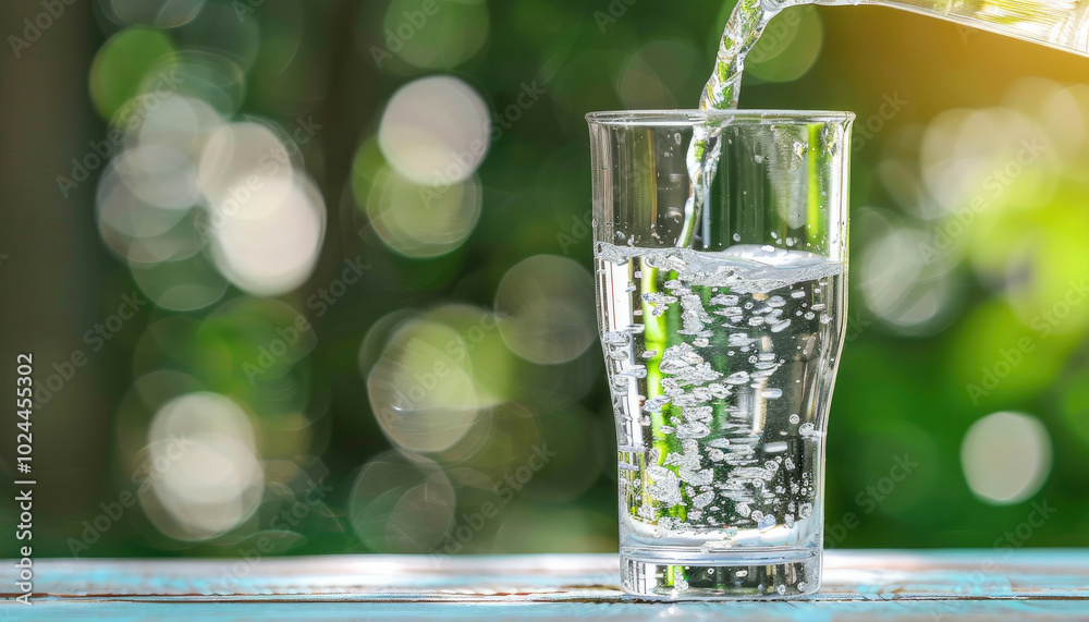 refreshing scene of water being poured into a glass, set against a blurred, sunlit green background. refreshing scene of water being poured into a glass, set against a blurred, sunlit green background.