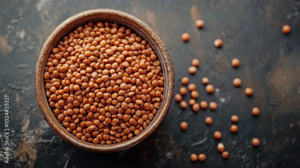 A brown bowl filled with red lentils, with a few lentils scatter A brown bowl filled with red lentils, with a few lentils scatter
