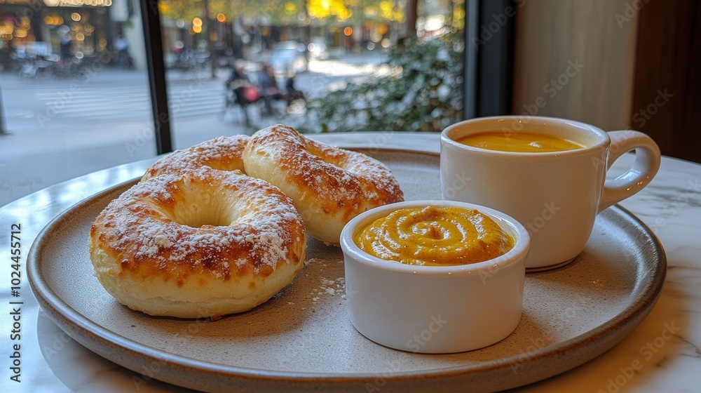 Dos pretzels con azúcar y una taza de café, acompañados de crema de calabaza, servidos en una mesa de café junto a una ventana.

