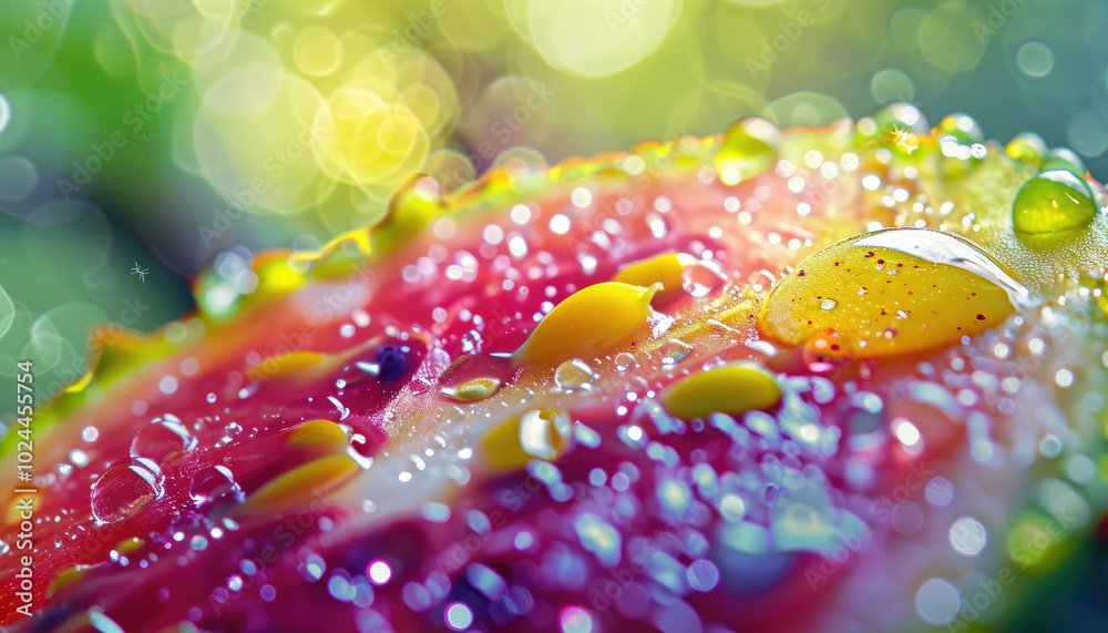 Macro shot of a fresh passion fruit, with water droplets glistening on the bright pink rind and yellow-green Macro shot of a fresh passion fruit, with water droplets glistening on the bright pink rind and yellow-green