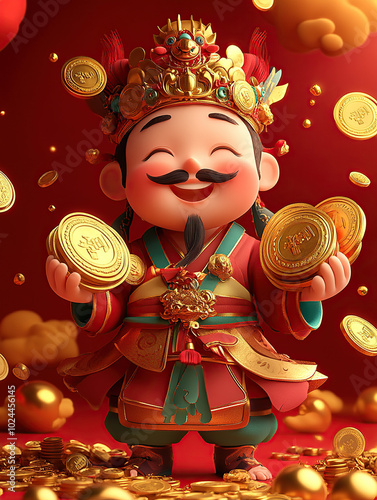 Cute Chinese God of Wealth, holding large shiny gold coins in his hands and surrounded by scattered golden ingots, with a red background photo