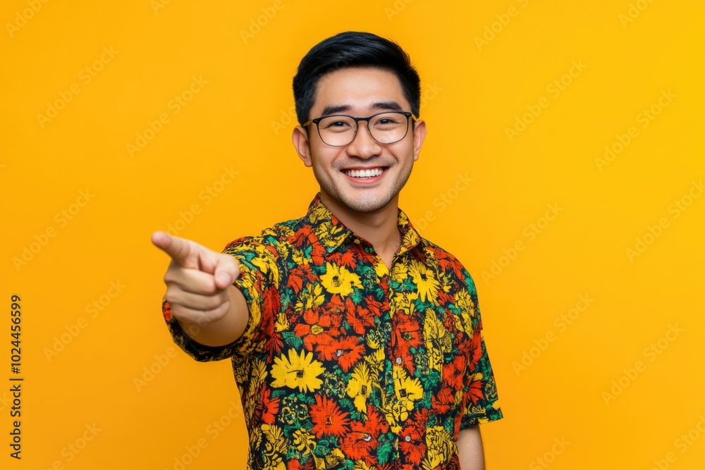 Smiling Asian Man in Floral Shirt Points at the Camera Against Yellow Background Smiling Asian Man in Floral Shirt Points at the Camera Against Yellow Background