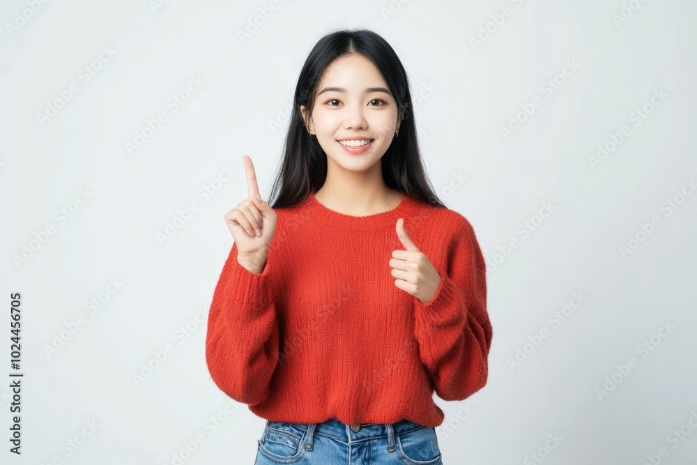 Smiling Asian Woman in Red Sweater Pointing Up and Giving Thumbs Up Smiling Asian Woman in Red Sweater Pointing Up and Giving Thumbs Up