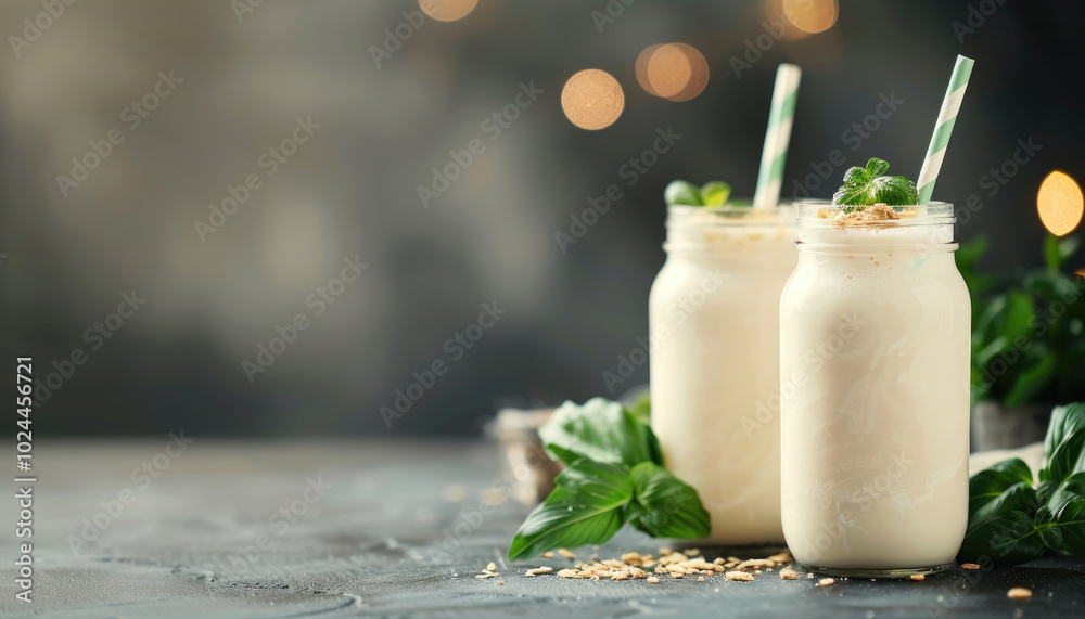 Creamy vanilla milkshakes in glass jars topped with whipped cream and chocolate chips Creamy vanilla milkshakes in glass jars topped with whipped cream and chocolate chips