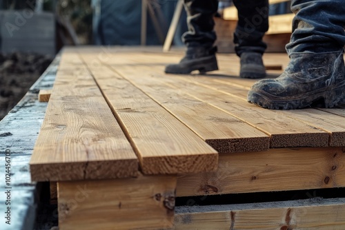 A detailed close-up of a wooden deck under construction. A person is carefully aligning