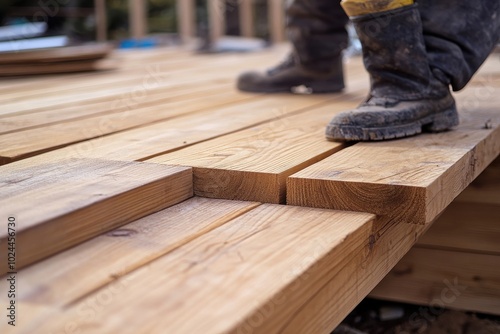 A detailed close-up of a wooden deck under construction. A person is carefully aligning