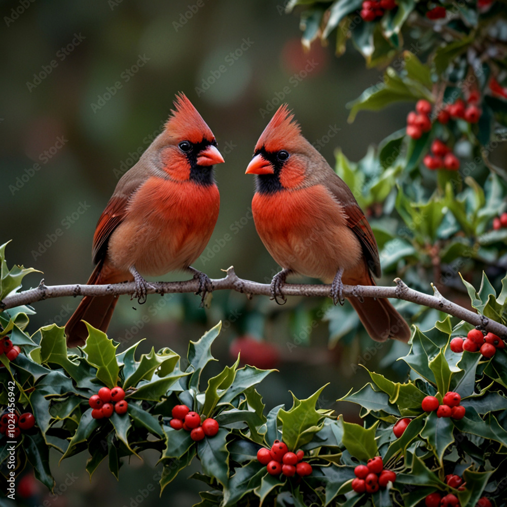 Crimson-colored cardinals sitting gracefully on holly twigs. Generated ai Crimson-colored cardinals sitting gracefully on holly twigs. Generated ai