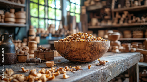 Wooden Bowl Full of Wood Shavings in a Workshop