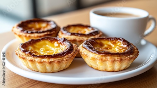 Cuatro pasteles de nata dorados en un plato blanco junto a una taza de café sobre una mesa de madera.