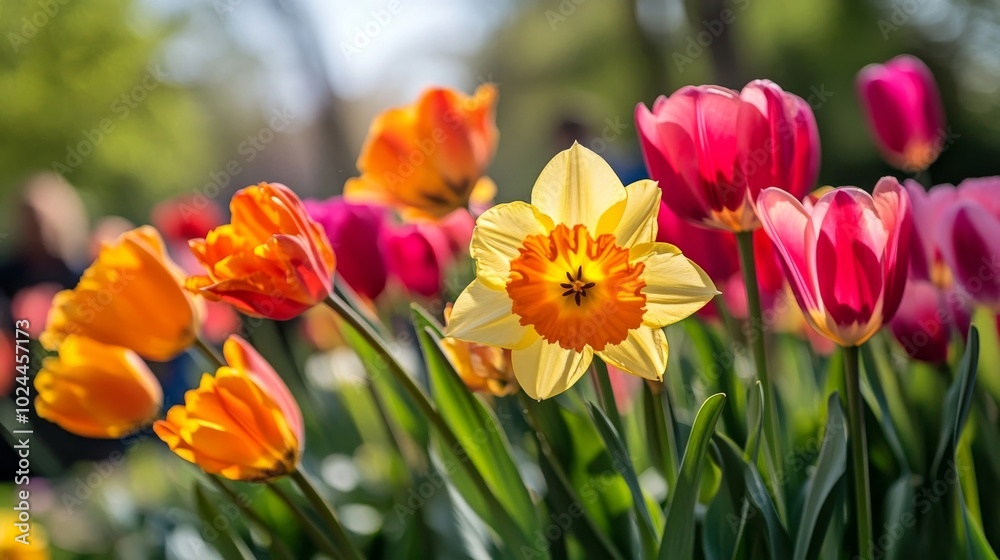 Spring blooms burst with color: daffodils and tulips. Spring blooms burst with color: daffodils and tulips.