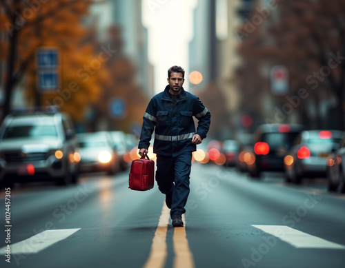 A determined emergency responder in uniform runs through a busy city street, carrying a red medical bag, conveying urgency and action.. photo