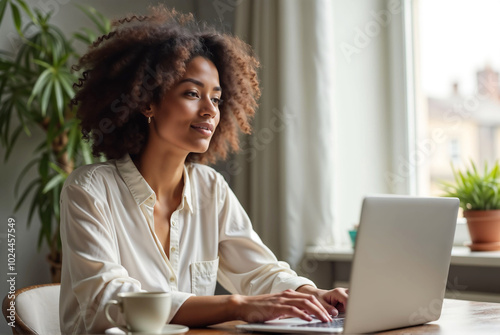 A woman sitting at a desk in a home office, focused on her laptop, representing remote work, productivity, and modern work-from-home setups.. photo