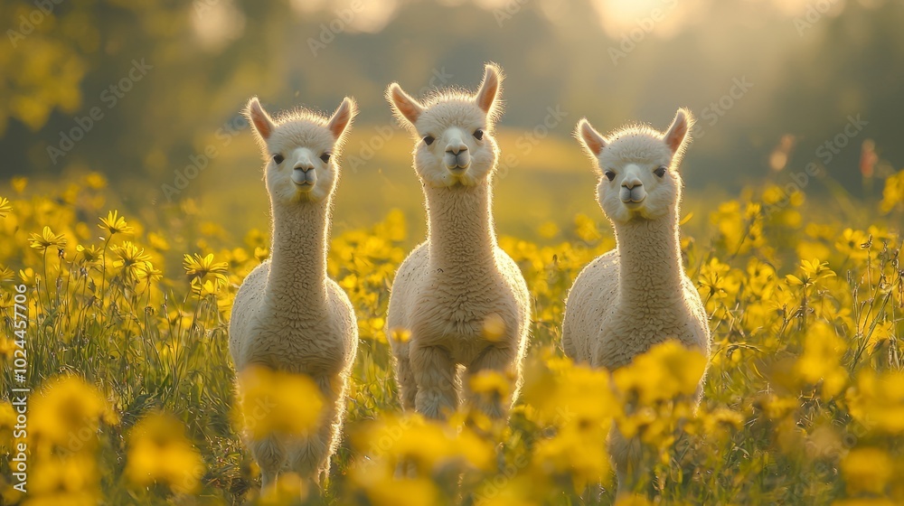 Three alpacas standing in a vibrant yellow field with golden sunlight Three alpacas standing in a vibrant yellow field with golden sunlight