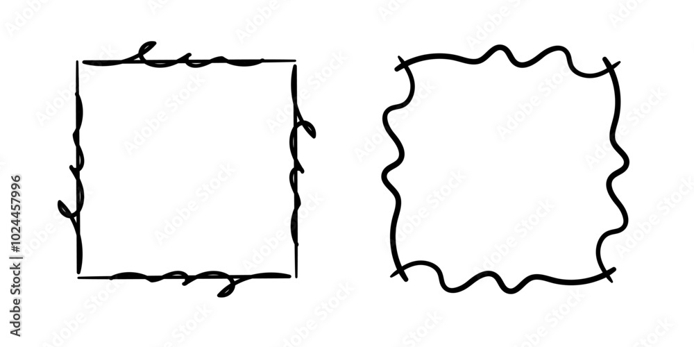 Fototapeta premium Square doodle frames ,hand-drawn monograms.Edgings and cadres with simple sketchy design elements.Isolated. Vector illustration.
