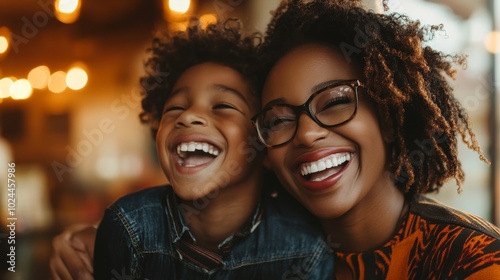 A joyful mother and son share a warm, laughing moment, showcasing their strong bond in a vibrant, cozy setting.