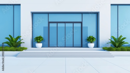 Modern entrance of a minimalist building with greenery