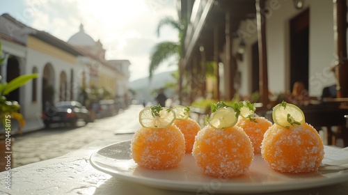 Postres de naranja decorados con rodajas de lima, servidos en una mesa al aire libre en una ciudad colonial.

