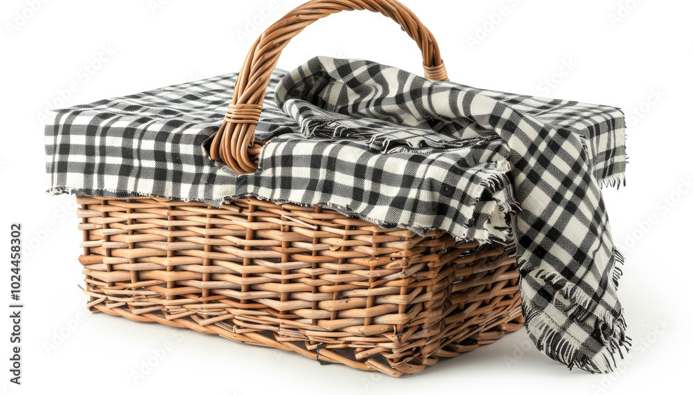 woven picnic basket with a handle, adorned with a draped black and white checkered cloth on white background 
