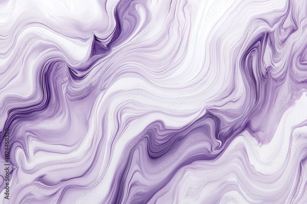 A fluid abstract pattern in soft purple and white hues, resembling marble or watercolor swirls