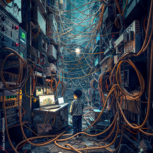 A man standing in a room filled with lots of wires