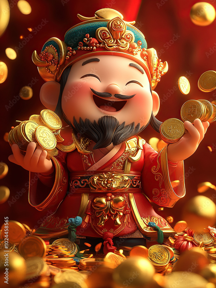 Cute Chinese God of Wealth, holding large shiny gold coins in his hands and surrounded by scattered golden ingots, with a red background Cute Chinese God of Wealth, holding large shiny gold coins in his hands and surrounded by scattered golden ingots, with a red background