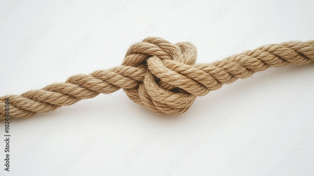 Natural, biodegradable jute rope tied in a secure knot or loop against a pristine white backdrop, showcasing its rustic charm and practical用途。 Natural, biodegradable jute rope tied in a secure knot or loop against a pristine white backdrop, showcasing its rustic charm and practical用途。