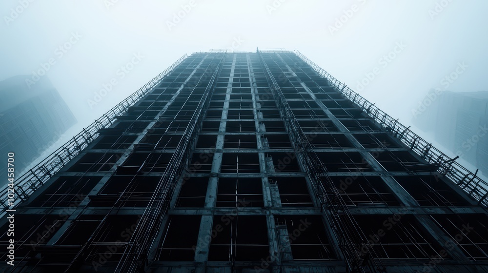 Fototapeta premium Abstract view of a skyscraper under construction in fog
