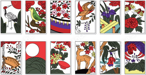 12種類のステッカー花札アイコンセット